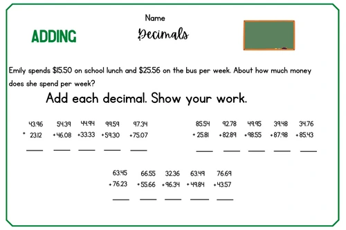 Adding decimals worksheet